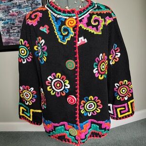 Michael Simon L XL OS Embroidered Tribal Sweater Cardigan easter Mother Day gift